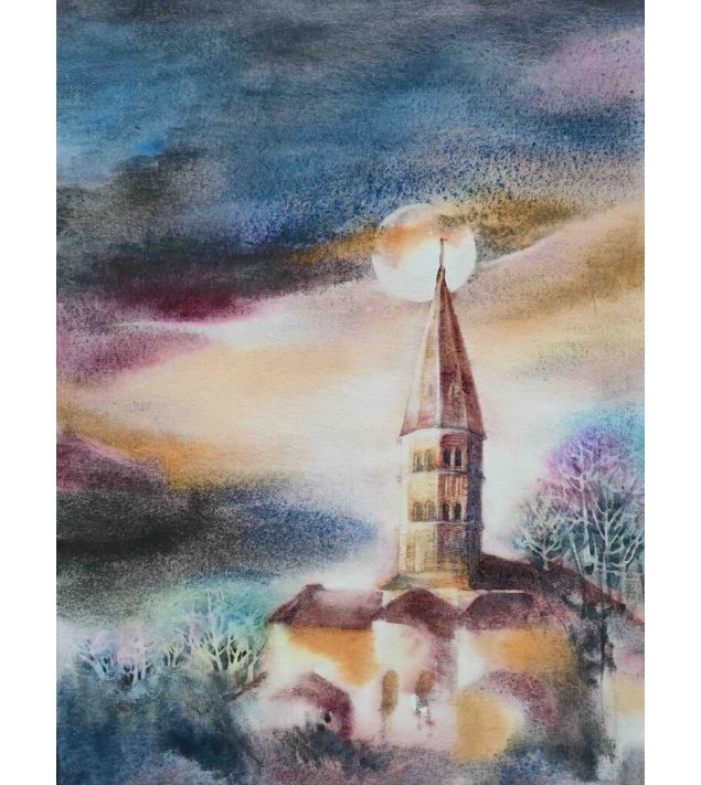 Aquarelle de l'Eglise de Saint-André-de-Bâgé - Lessia Scafi
