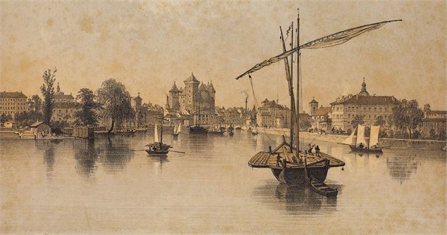 Barques de transport et barques de tourisme dans le port d'Annecy. Gravure de 1864. - Archives munic