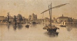 Barques de transport et barques de tourisme dans le port d'Annecy. Gravure de 1864. - Archives munic