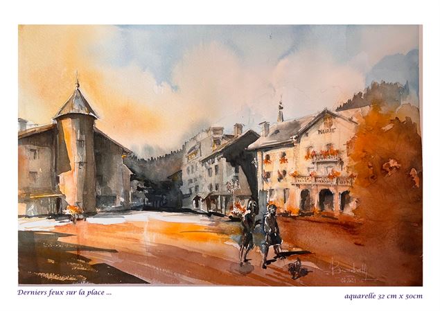 Derniers feux sur la place, aquarelle - Elisabeth Socquet-Milleret