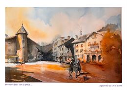 Derniers feux sur la place, aquarelle - Elisabeth Socquet-Milleret