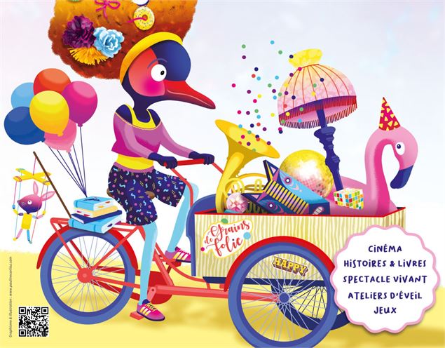 affiche festival oiseau qui conduit un vélo cargo - Festival Petit Patapon