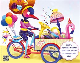 affiche festival oiseau qui conduit un vélo cargo - Festival Petit Patapon