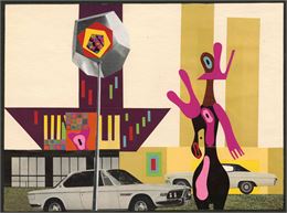 Illustration d'une créature non identifiée se tient au milieu d'un paysage urbain. - © 1970 Sándor R