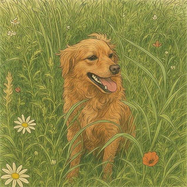Illustration d'un chien assis dans une prairie