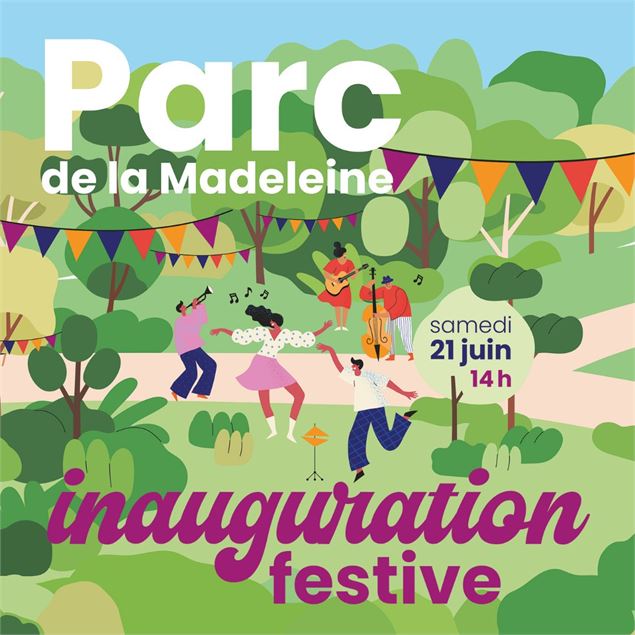 Illustration festive dans un parc avec des musiciens et des personnes qui dansent - ©Ville de Bourg-