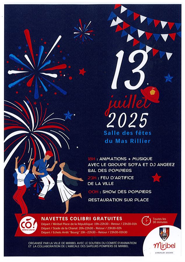 Fête nationale: bal des pompiers et feu d'artifice - Commune Miribel/ Comité des Fêtes/ Amicale des 