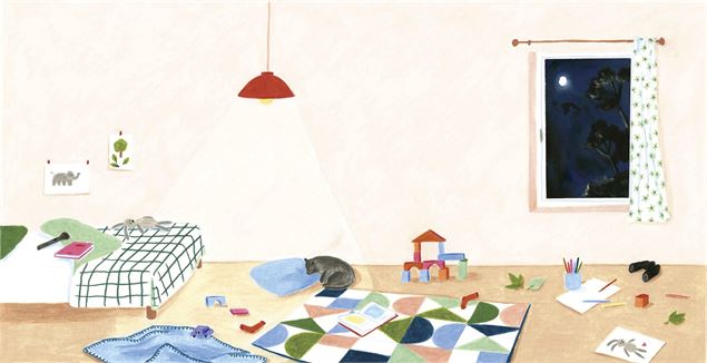 Dessin d'une chambre d'enfant avec un jardin sombre visible par le fenêtre