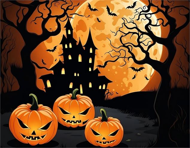 illustration halloween citrouilles chauve-souris et château devant la lune orange - Médiathèque