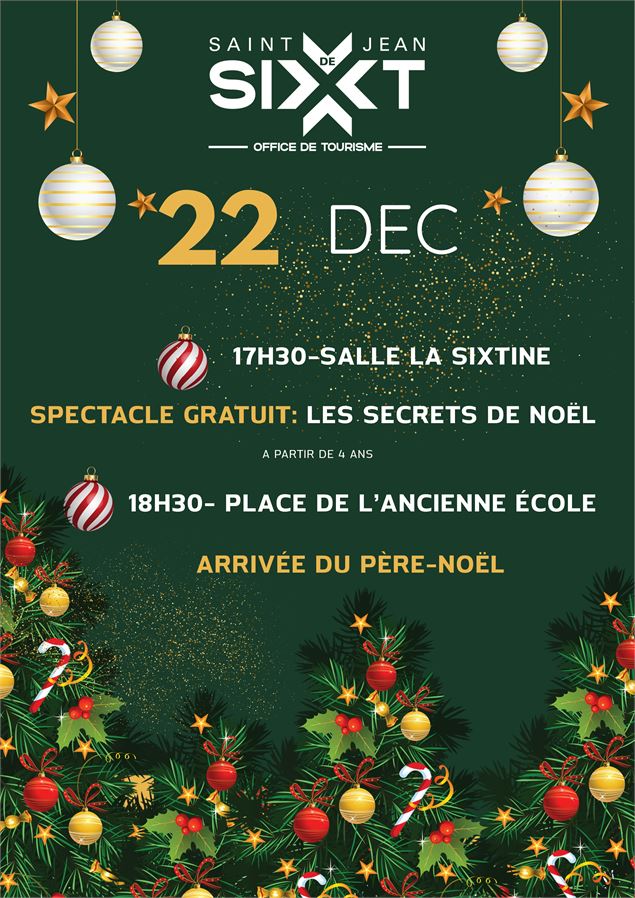 C'est une affiche sur fond vert foncé qui donne les dates et lieu du spectacle, les secrets de Noël 