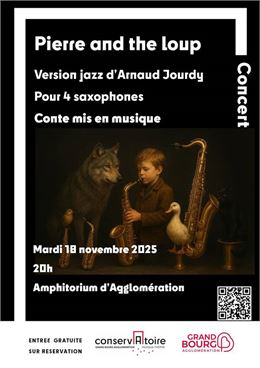 Affiche_Concert conté Pierre and the loup version jazz, d'Arnaud Jourdy pour 4 saxophones - ©CRD_GBA