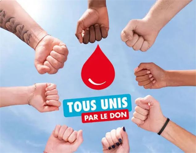 8 mains formant un cercle autour d'une goutte de sang illustrée - EFS