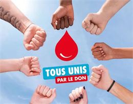 8 mains formant un cercle autour d'une goutte de sang illustrée - EFS