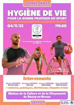 Affiche soirée-débat "Hygiène de vie pour la bonne pratique du sport" - CDOS 01