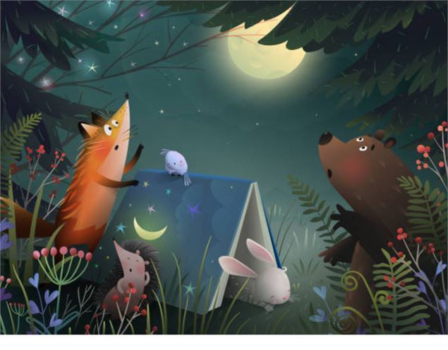 illustration nuit renard, ours, hérisson et oiseau - Médiathèque de Faverges-Seythenex