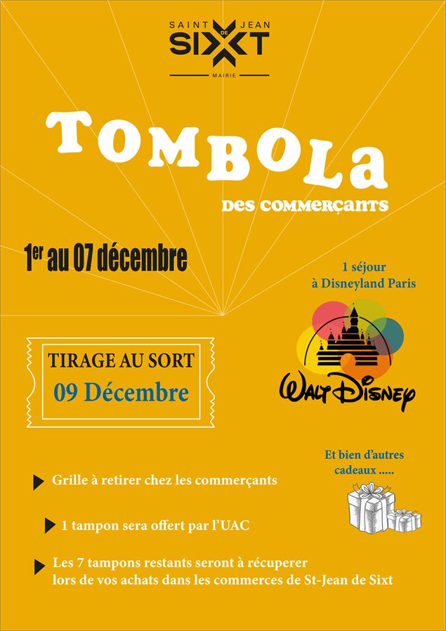 Une affiche jaune, avec écrit dessus « Tombola des commerçants ». Dessus sont aussi indiquées les mo
