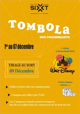 Une affiche jaune, avec écrit dessus « Tombola des commerçants ». Dessus sont aussi indiquées les mo