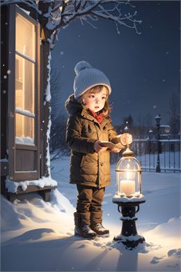 Une petite fille avec un bonnet et un manteau lit un papier à la lueur d'une bougie , la nuit, dans 