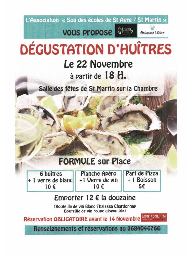 Dégustation d'huîtres Saint-Martin-sur-la-Chambre 22 nov 2025 - Sou des écoles St Avre / St Martin
