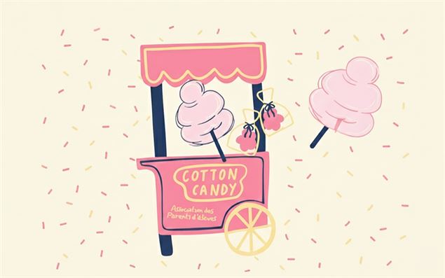 Illustration représentant un stand de barbe à papa rose sur un fond crème parsemé de confettis color