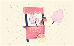 Illustration représentant un stand de barbe à papa rose sur un fond crème parsemé de confettis color
