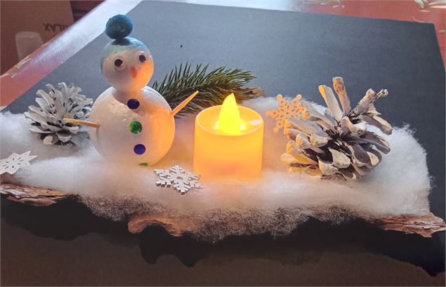 Atelier créatif autour du bois : Bonhomme de neige sur écorce illuminé_Morzine
