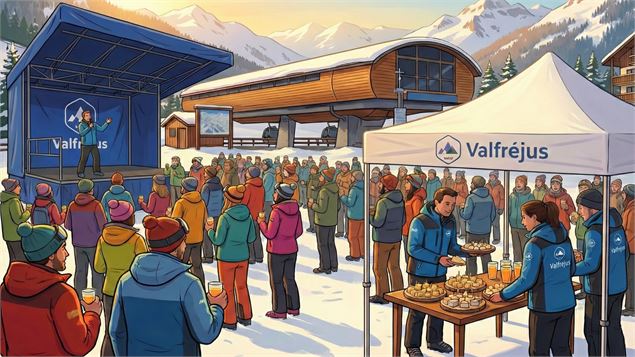 Pot d'accueil fictif devant la télécabine de Valfréjus sur la place du Thabor - Gemini AI