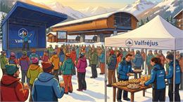 Pot d'accueil fictif devant la télécabine de Valfréjus sur la place du Thabor - Gemini AI