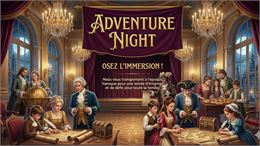 Affiche de la soirée représentant des personnages en tenues baroques qui jouent dans un décor de l'é