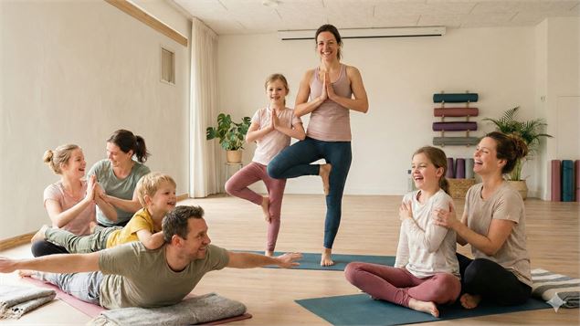 Plusieurs parents pratiquant le yoga avec leurs enfants, chaque adulte accompagnant un enfant - Gemi