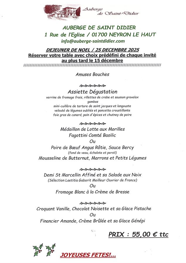 Menu de Fête pour le déjeuner de Noël - Auberge de Saint Didier
