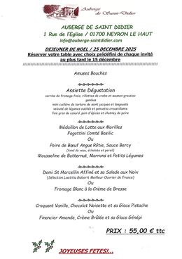 Menu de Fête pour le déjeuner de Noël - Auberge de Saint Didier