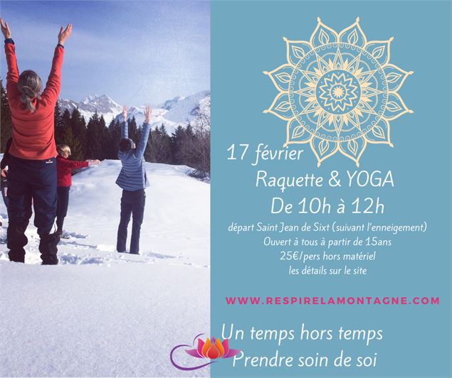 Des personnes font du yoga sur des raquettes à neige en pleine nature - Virginie Villaret