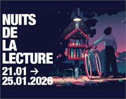 illustration femme vélo près d'une boîte à livres de nuit - Nuits de la lecture