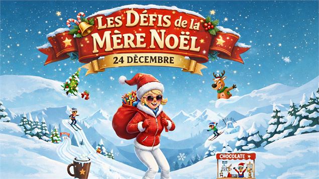 Affiche de présentation des défis de la mère Noël devant une station de ski - ChatGPT AI