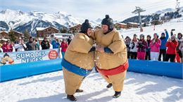 Combat de Sumo en tenues au bas des pistes - Gemini AI