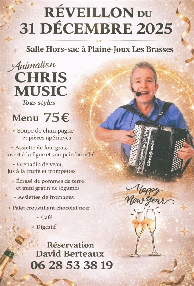 Affiche repas du réveillon du Nouvel An à Plaine-Joux - Chris Music