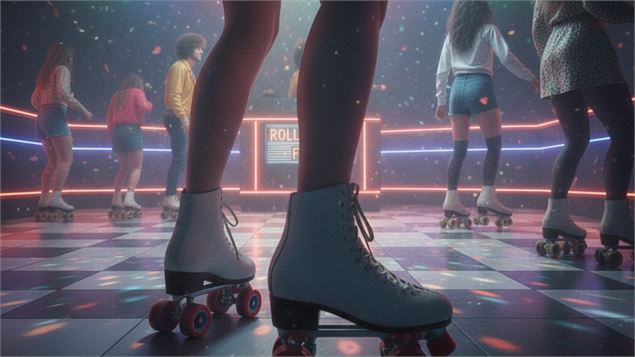 Des patins en premier plan d'une soirée Roller Disco en intérieur - Gemini AI