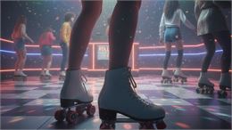 Des patins en premier plan d'une soirée Roller Disco en intérieur - Gemini AI