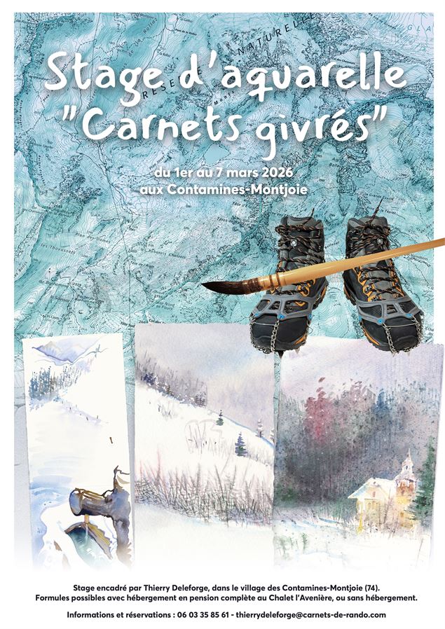Affiche Carnets Givrés : stage d'aquarelle aux Contamines - Thierry Deleforge