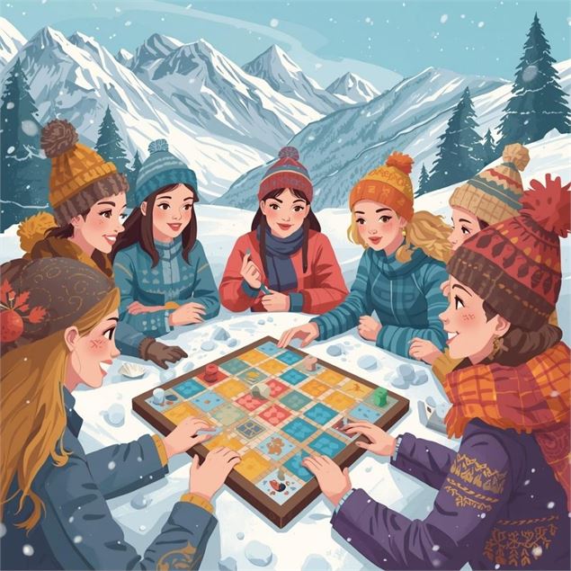 dessin de personnes jouant à un jeu dans un décor de montagne enneigée - M. Lefebvre OTHMV
