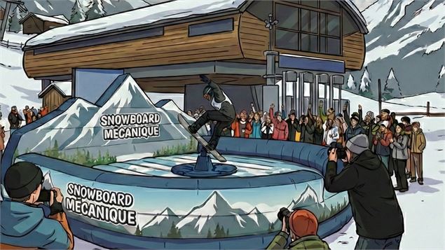 Activité snowboard mécanique au pied de la télécabine - Gemini AI