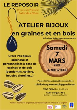 Atelier mensuel "Bijoux en graines et en bois" - Marine Ruty