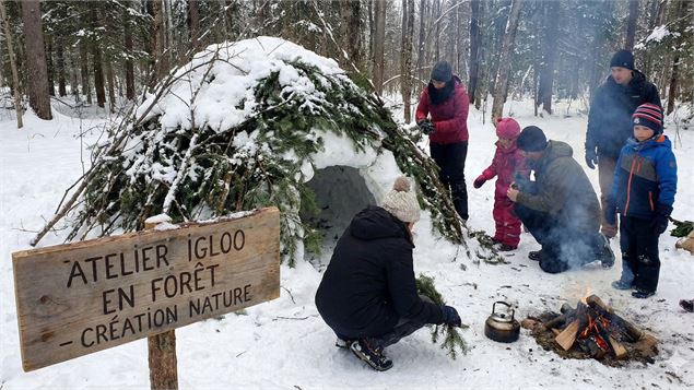 Une famille construit un igloo en forêt - Gemini AI