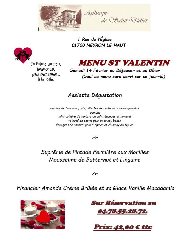 Menu spécial Saint-Valentin - l'Auberge Saint Didier_Neyron