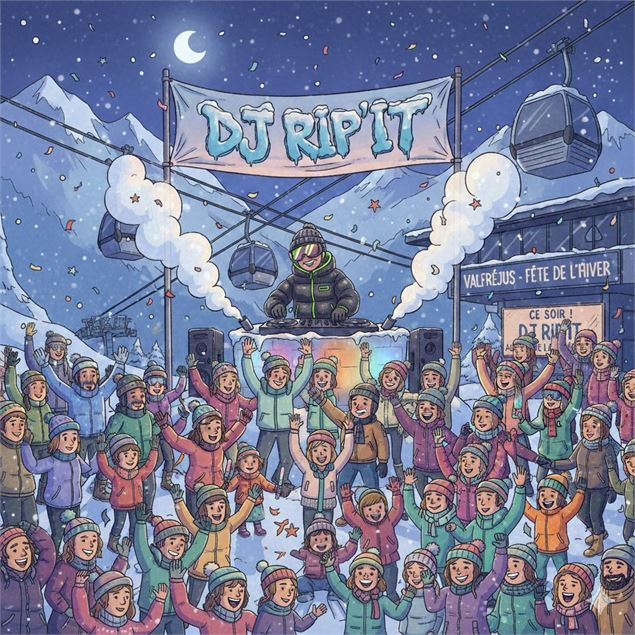 Une foule danse au pied de la télécabine - Gemini AI