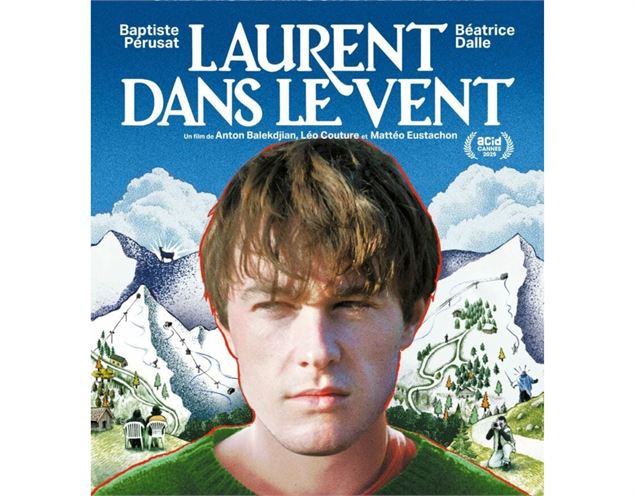 Laurent devant une illustration de station enneigée - Laurent dans le vent