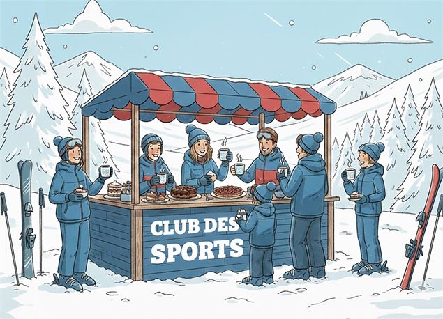 Cette illustration représente le goûter convivial du Club des Sports, où skieurs et enfants se rasse