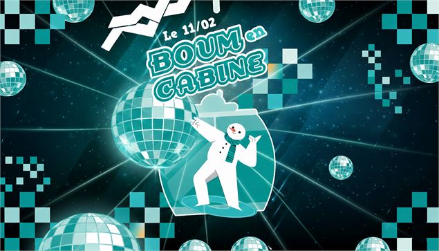 Un bonhomme de neige danse dans une télécabine entouré de boules à facettes. Style graphique bleu et