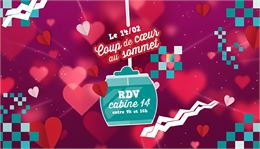 Affiche de la Saint-Valentin sur fond rose parsemée de cœurs, illustrant une cabine de téléphérique 